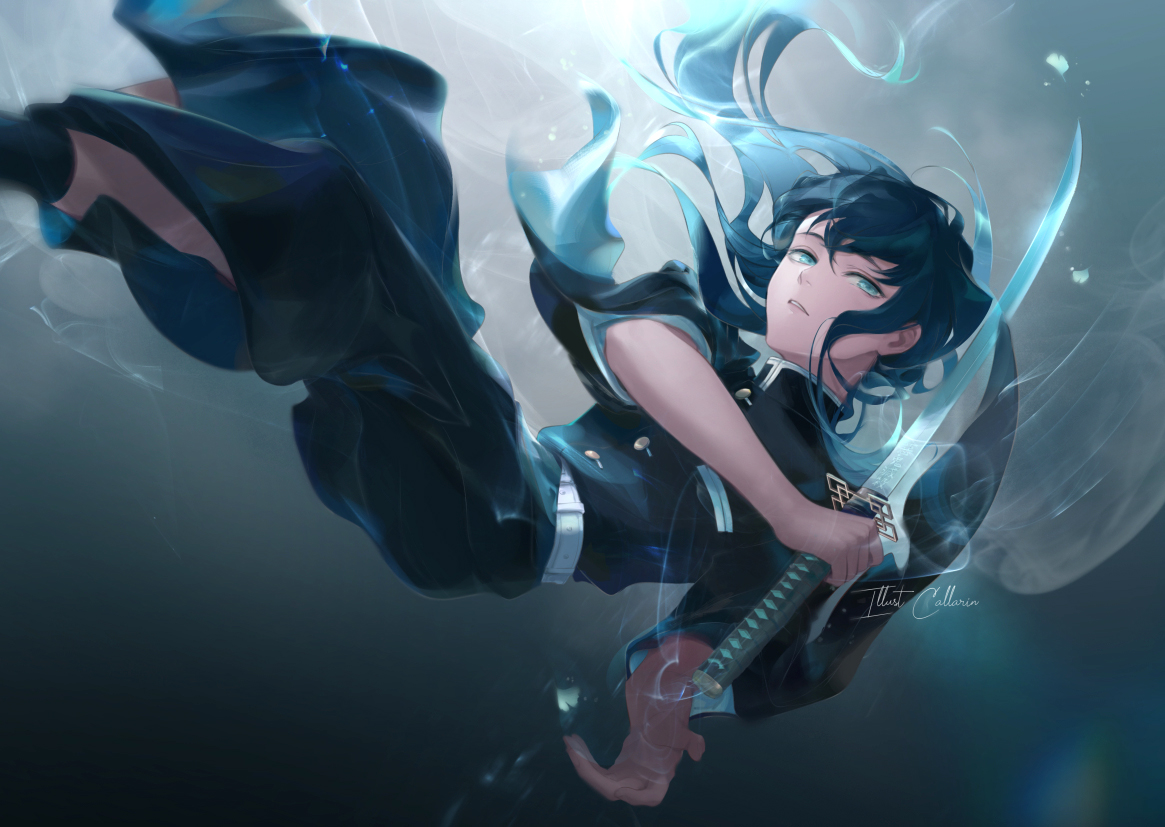 all_male, black_hair, callarin, gradient, green_eyes, japanese_clothes, katana, kimetsu_no_yaiba