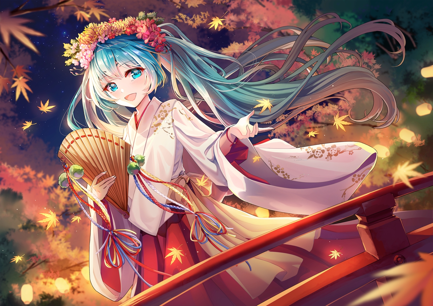 autumn, fan, flowers, green_eyes, green_hair, hatsune_miku, japanese_clothes, lalazyt