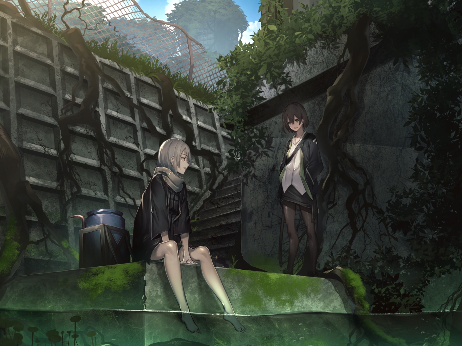 2girls, barefoot, fixro2n, original, pantyhose, ruins, short_hair, water
