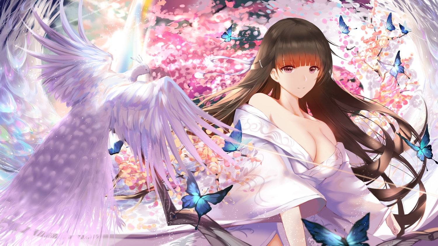 animal, an_yasuri, bird, breasts, brown_hair, butterfly, cleavage, japanese_clothes