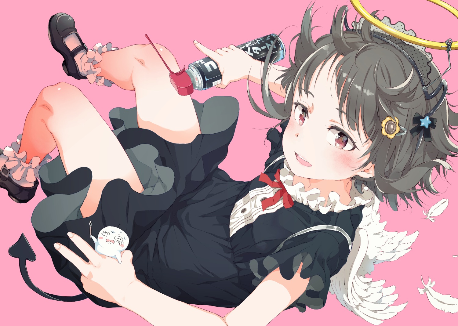 aliasing, feathers, gomennasai, halo, headband, original, pink, short_hair