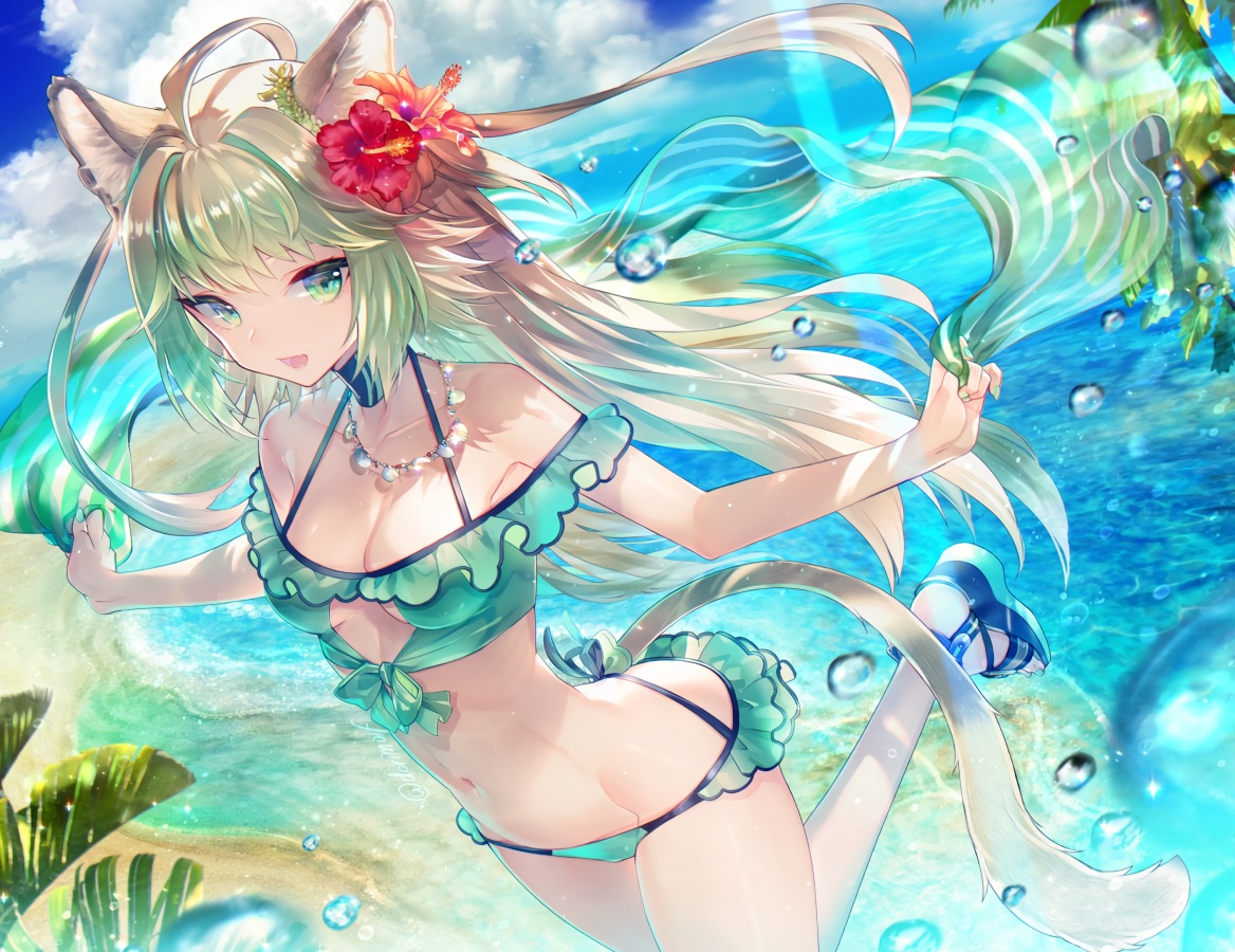 animal_ears, atalanta_(fate), beach, bikini, breasts, catgirl, cleavage, clouds