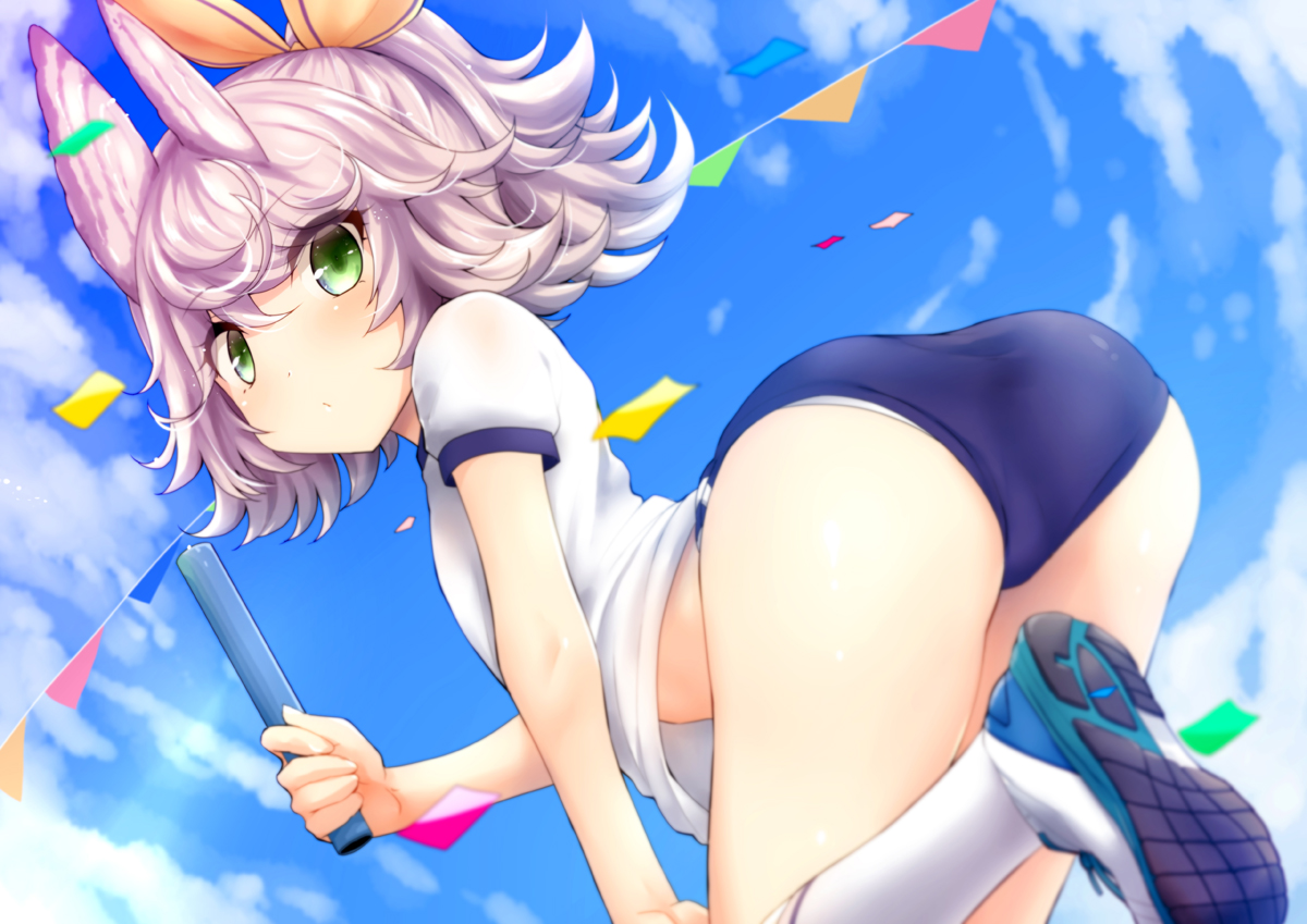 animal_ears, anthropomorphism, ass, azur_lane, bloomers, clouds, flat_chest, green_eyes