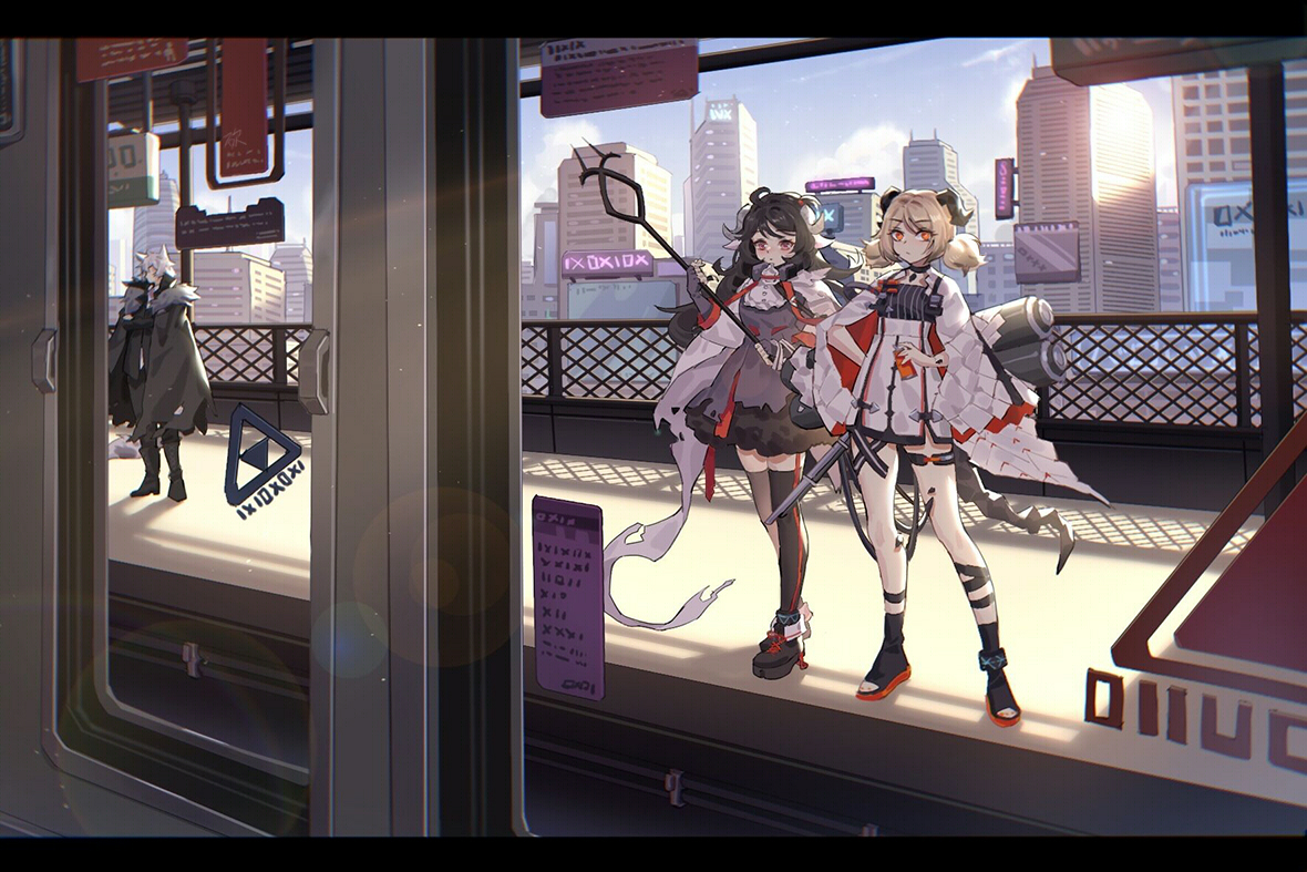 arknights, black_hair, brown_hair, building, catboy, city, dress, eyjafjalla_(arknights)