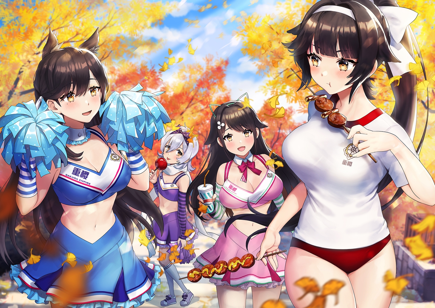 animal_ears, anthropomorphism, apple, atago_(azur_lane), autumn, azur_lane, bloomers, blush, brown_hair, cheerleader, choukai_(azur_lane), doggirl, food, fruit, gray_hair, group, gym_uniform, headband, kneehighs, long_hair, maya_(azur_lane), navel, ponytail, short_hair, skirt, takao_(azur_lane), tree, x_no1_x, yellow_eyes