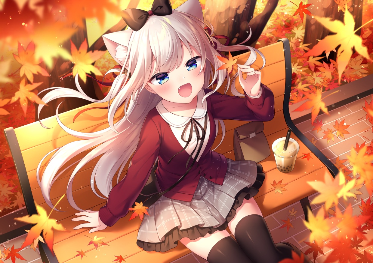 amane_kurumi, animal_ears, anthropomorphism, autumn, azur_lane, blue_eyes, blush, bow