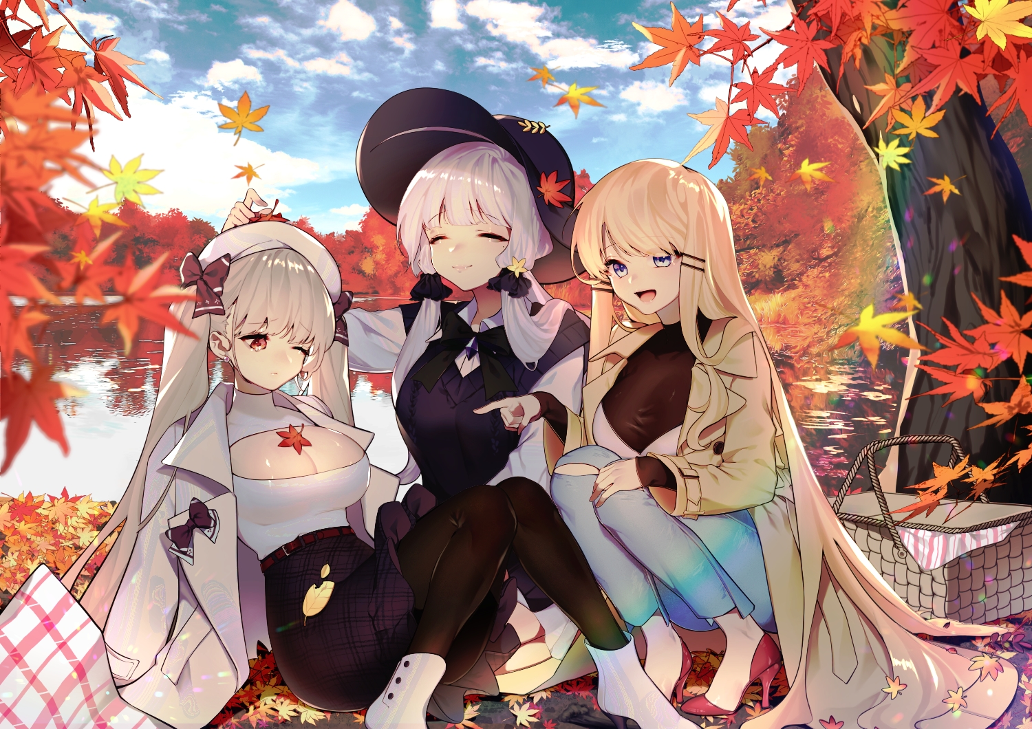 anthropomorphism, autumn, azur_lane, blonde_hair, blue_eyes, clouds, formidable_(azur_lane), gray_hair