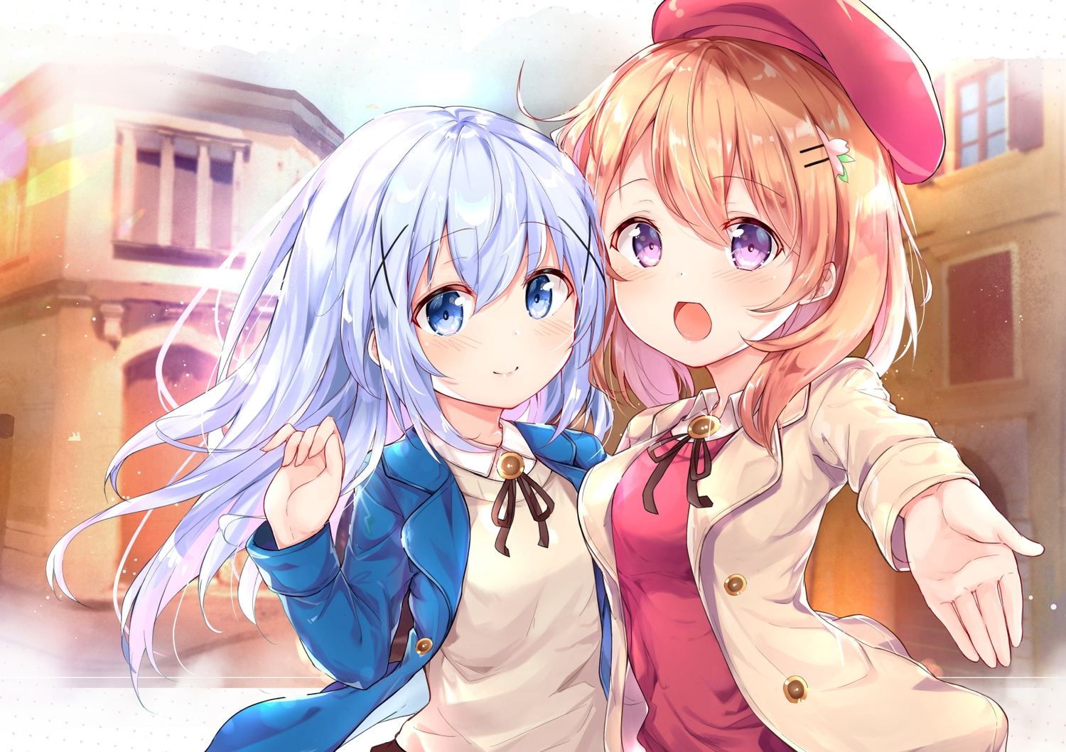 2girls, aliasing, blonde_hair, blue_eyes, blue_hair, blush, building, gochuumon_wa_usagi_desu_ka?
