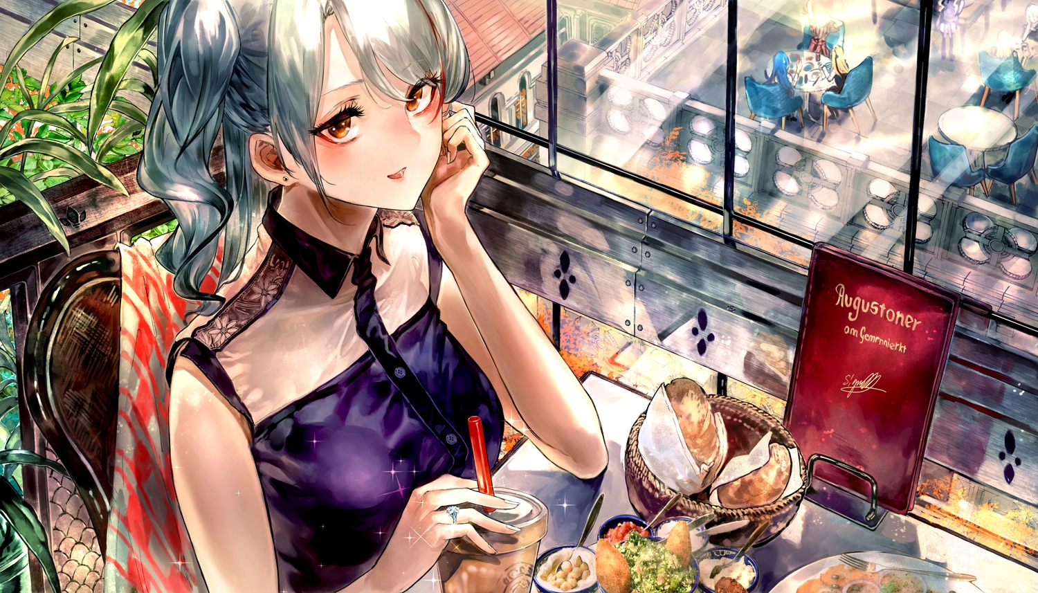 anthropomorphism, azur_lane, drink, food, gray_hair, long_hair, orange_eyes, prinz_eugen_(azur_lane)