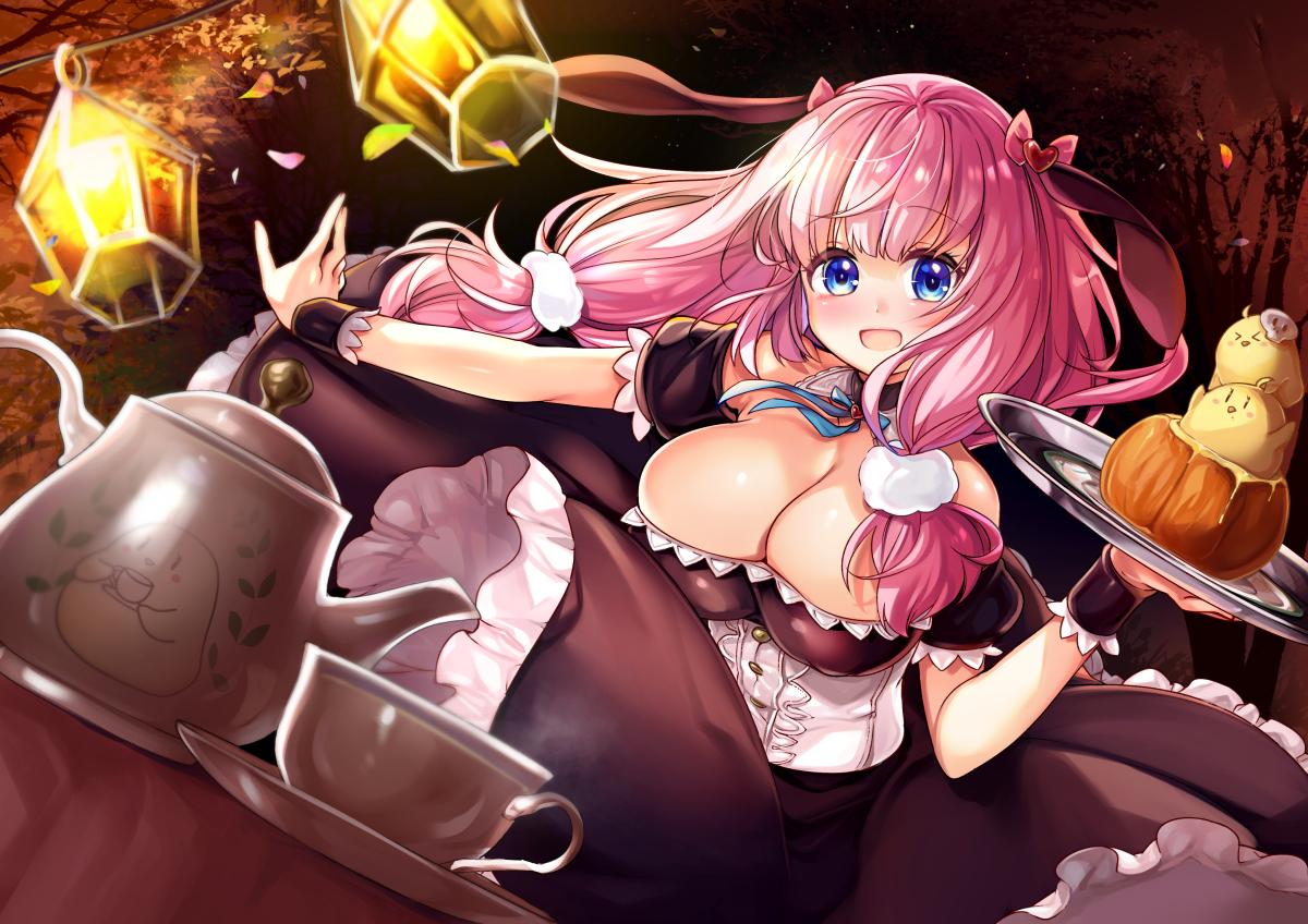 anthropomorphism, azur_lane, blue_eyes, blush, breasts, cleavage, food, long_hair