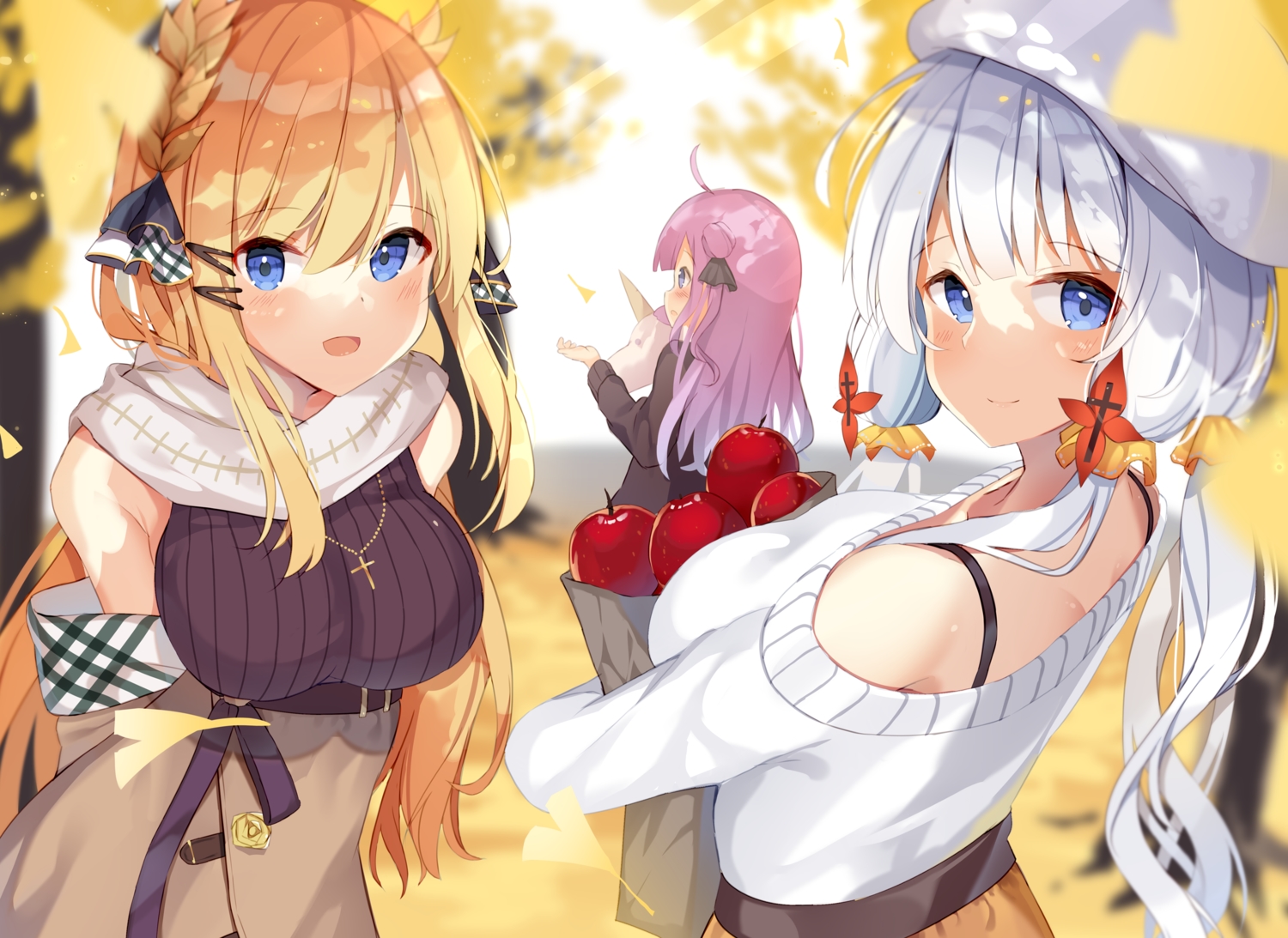 anthropomorphism, apple, autumn, azur_lane, blonde_hair, blue_eyes, blush, food