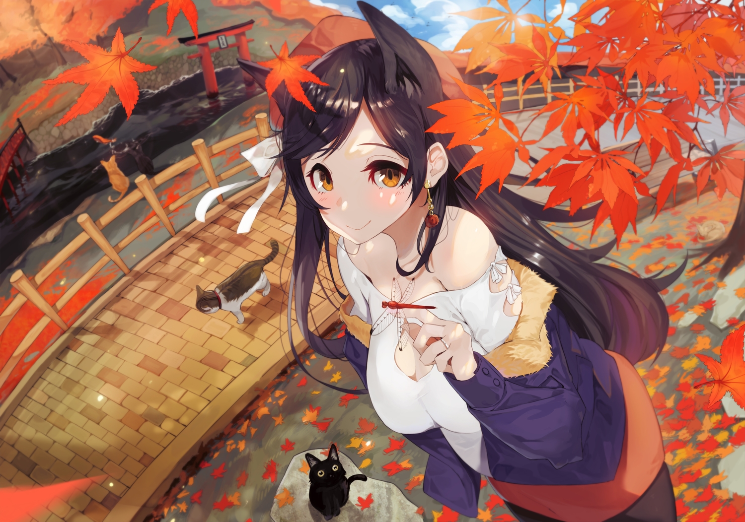abe_napori, animal, animal_ears, anthropomorphism, atago_(azur_lane), autumn, azur_lane, black_hair, cat, close, clouds, doggirl, leaves, long_hair, orange_eyes, pantyhose, skirt, sky, water