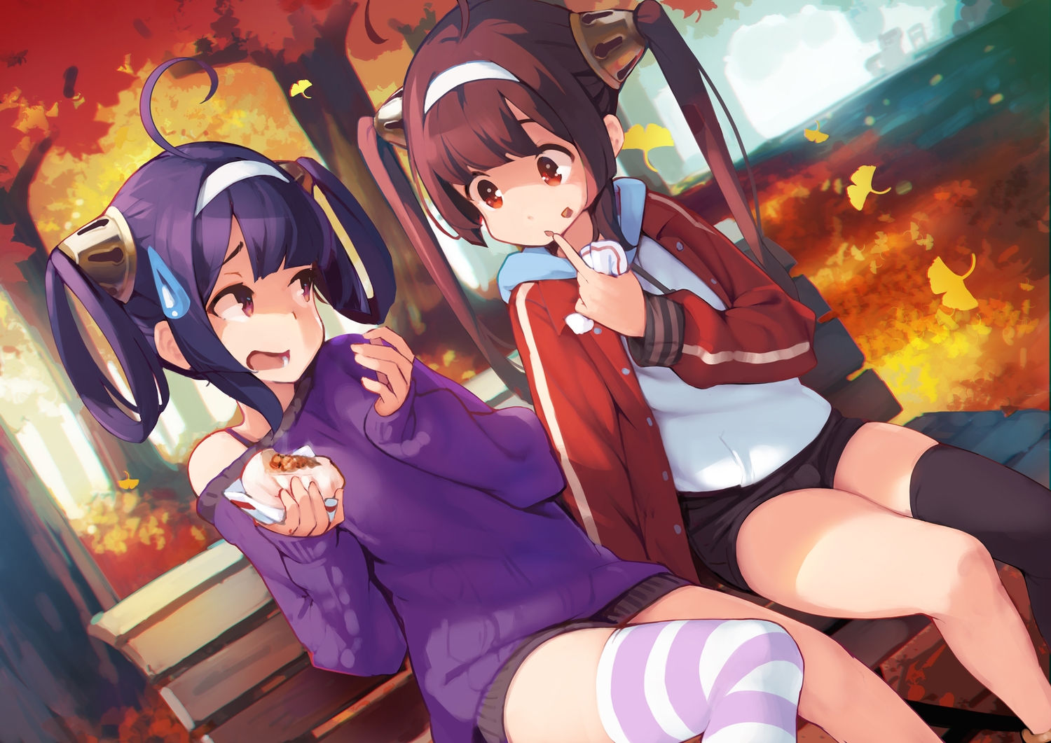 2girls, anthropomorphism, ataruman, autumn, azur_lane, brown_hair, food, forest