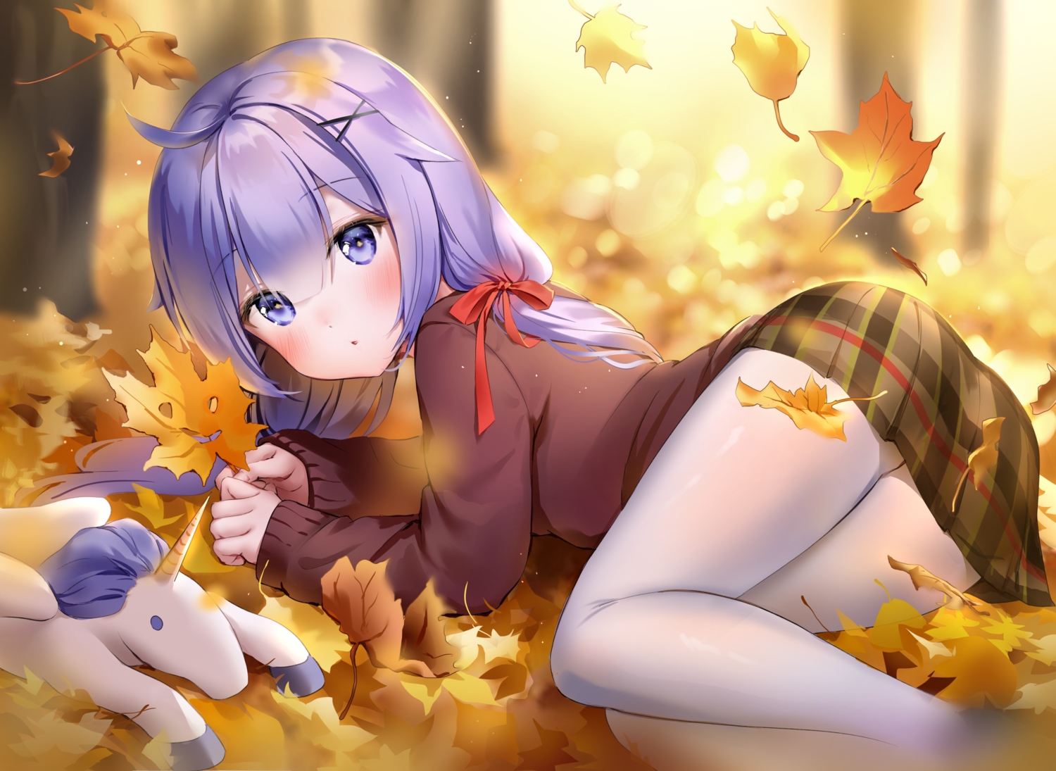 anthropomorphism, autumn, azur_lane, marmoset, pantyhose, purple_eyes, purple_hair, unicorn_(azur_lane)
