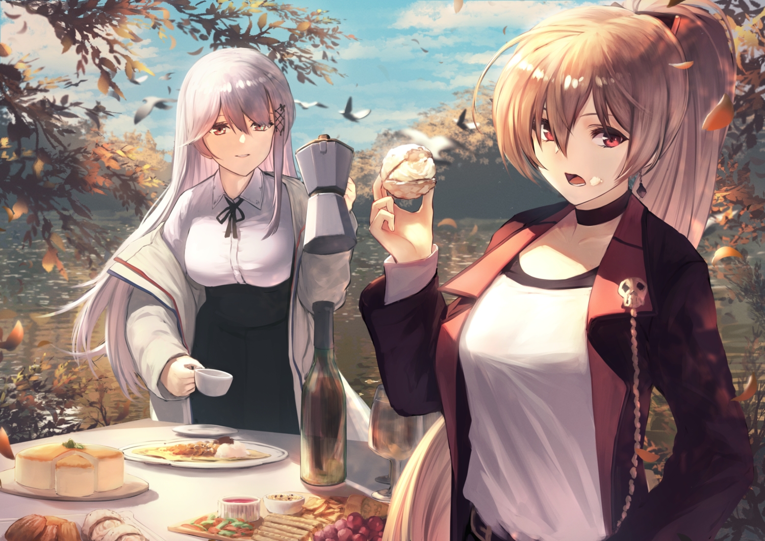 2girls, animal, anthropomorphism, autumn, azur_lane, bird, brown_eyes, brown_hair