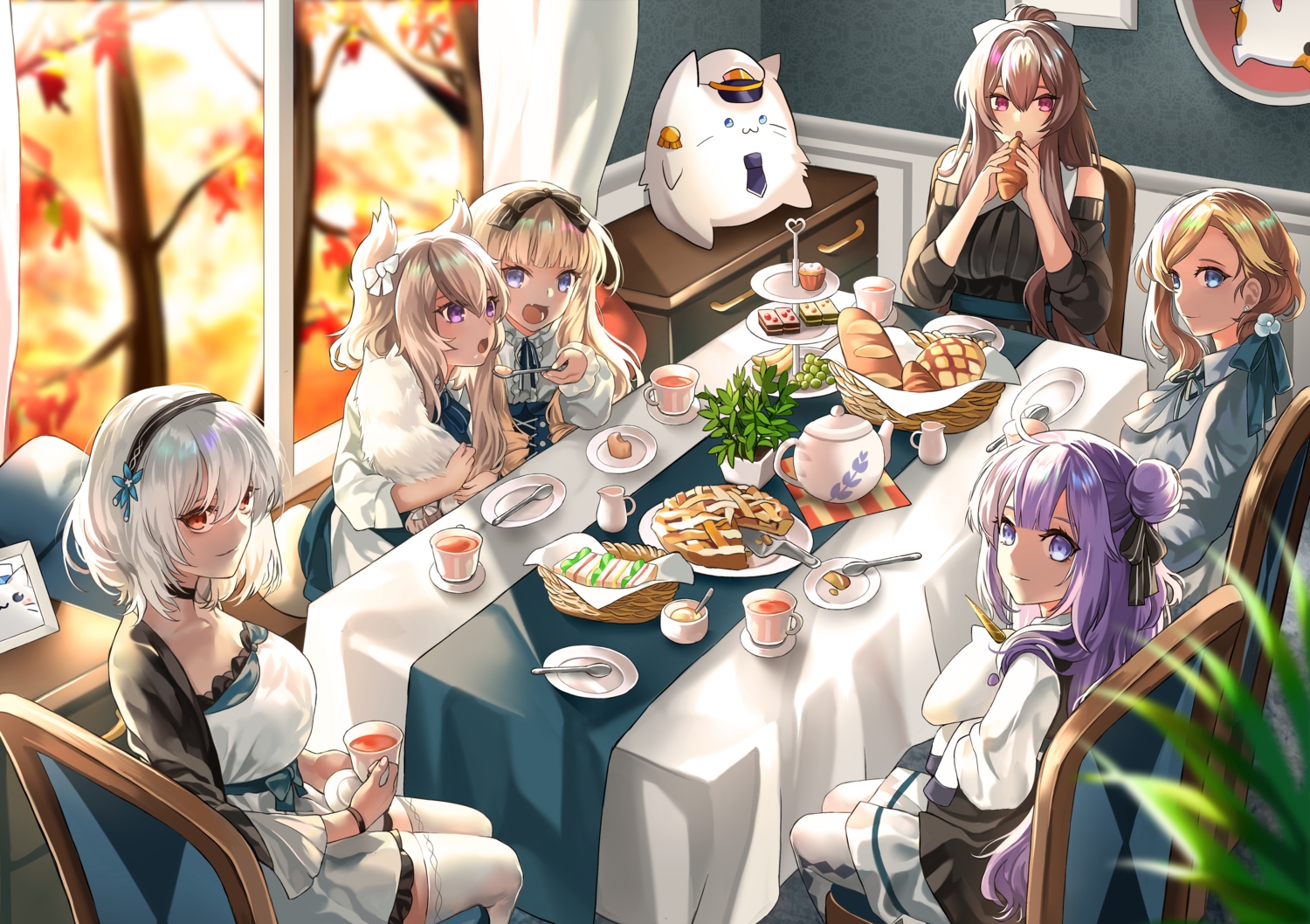 animal_ears, anthropomorphism, azur_lane, blonde_hair, blue_eyes, brown_hair, food, group