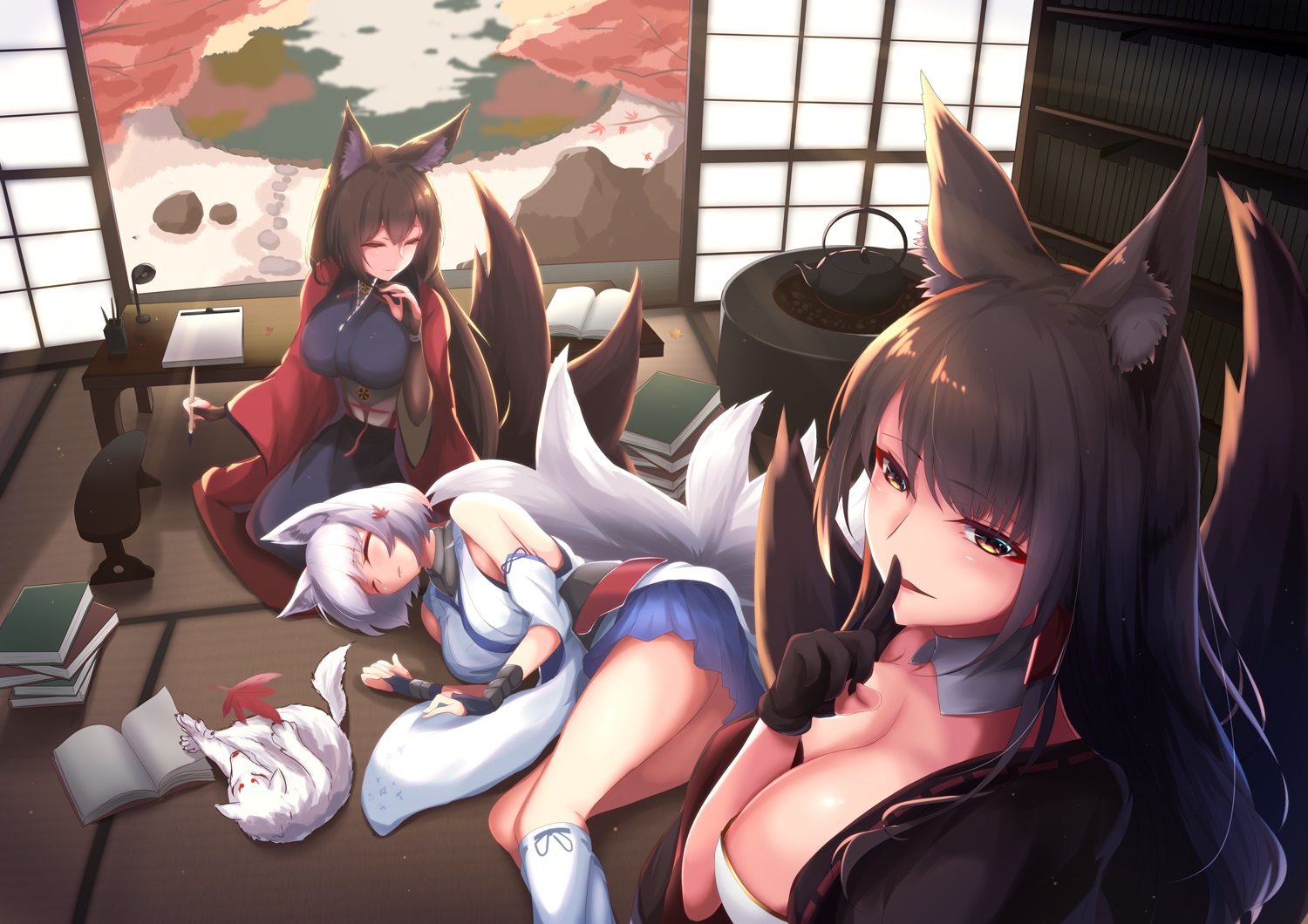 akagi_(azur_lane), amagi_(azur_lane), animal_ears, anthropomorphism, azur_lane, black_hair, blush, book, brown_hair, foxgirl, gloves, japanese_clothes, kaga_(azur_lane), leaves, long_hair, multiple_tails, saboten_teishoku, sleeping, tail, white_hair, yellow_eyes