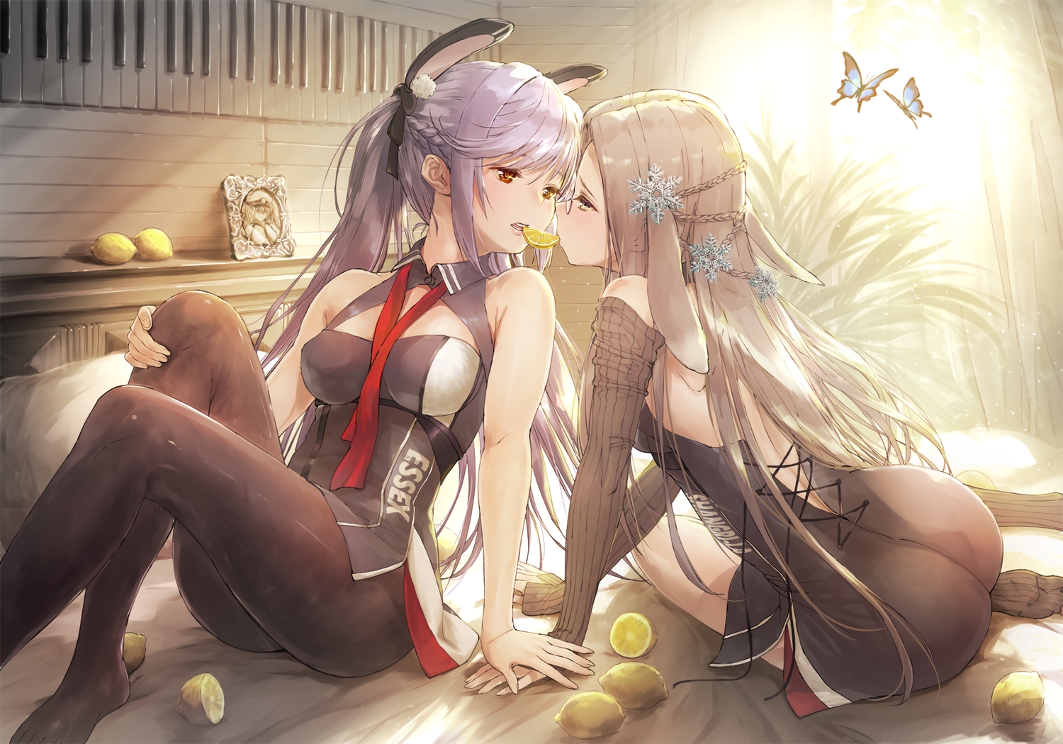2girls, animal_ears, anthropomorphism, ass, azur_lane, blush, brown_hair, bunny_ears, bunnygirl, dress, ek_masato, essex_(azur_lane), food, fruit, glasses, gray_hair, long_hair, orange_eyes, shangri-la_(azur_lane), shoujo_ai, twintails