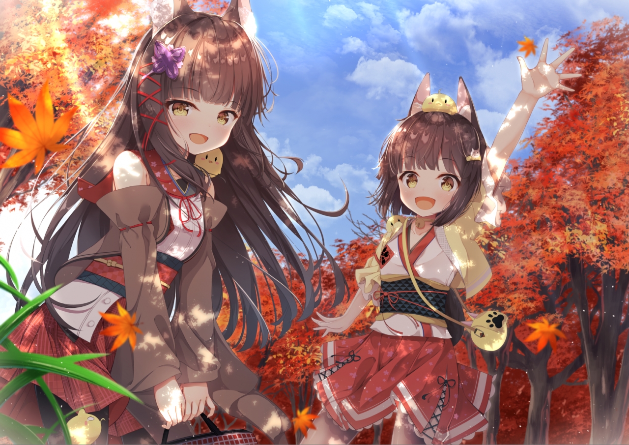 2girls, animal_ears, anthropomorphism, autumn, azur_lane, blush, brown_hair, clouds