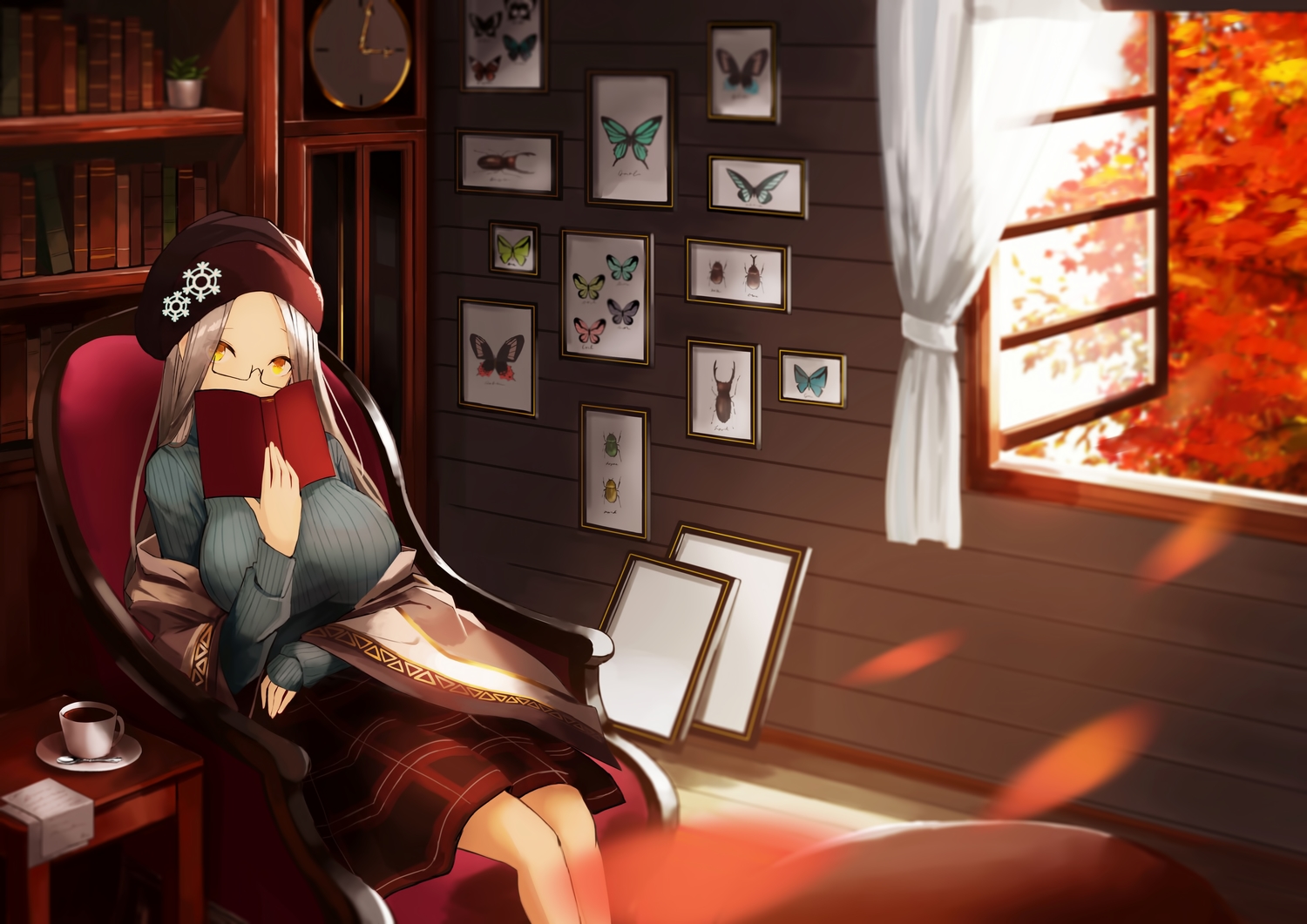 anthropomorphism, autumn, azur_lane, book, breasts, butterfly, furakuchi, glasses