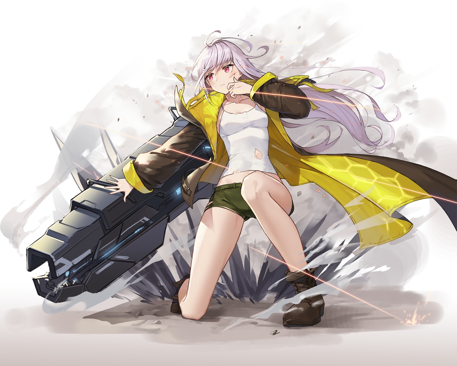 aliceblue, boots, gray_hair, gun, last_origin, long_hair, pink_eyes, shorts