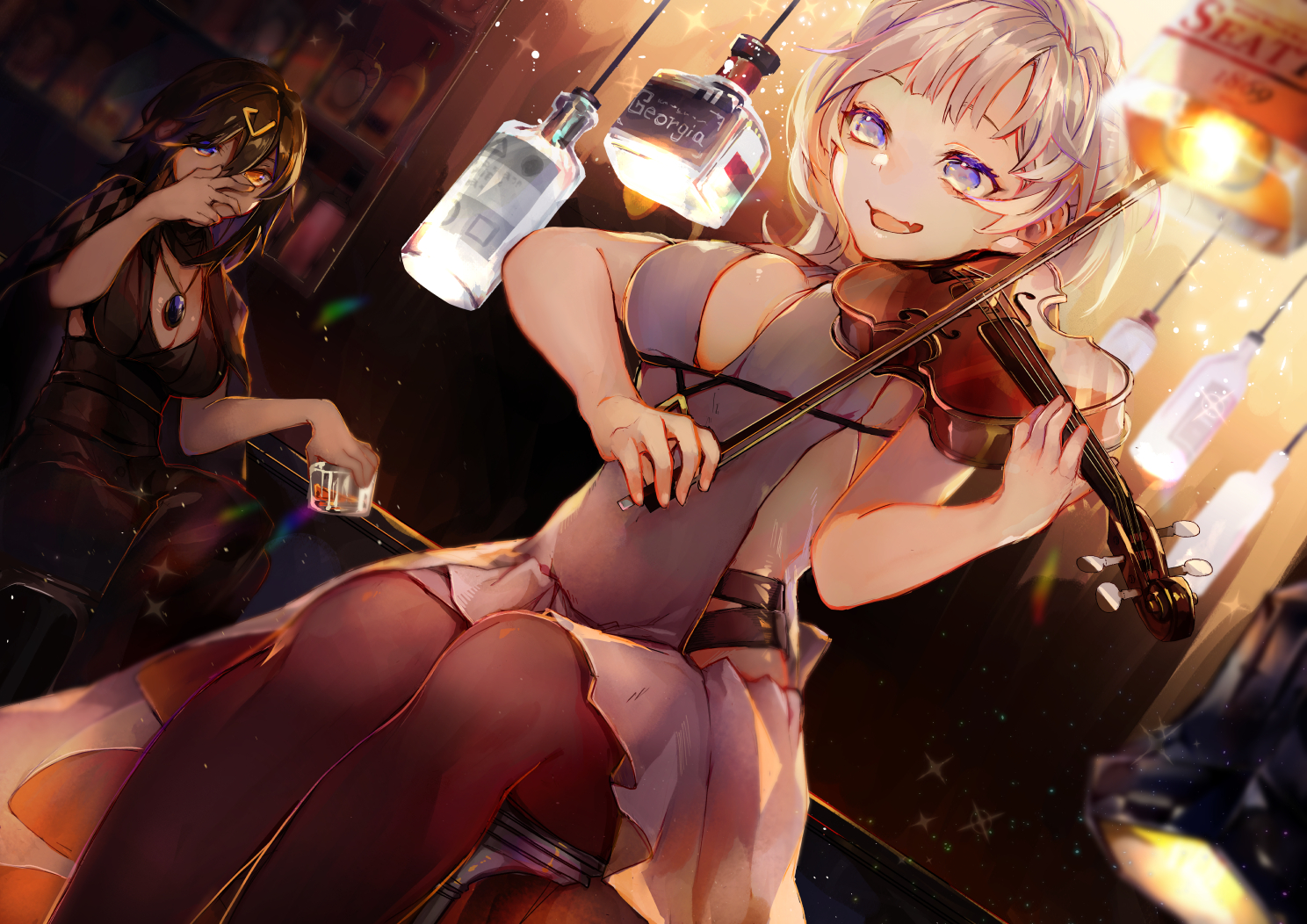2girls, anthropomorphism, azur_lane, bicolored_eyes, black_hair, blue_eyes, dress, drink