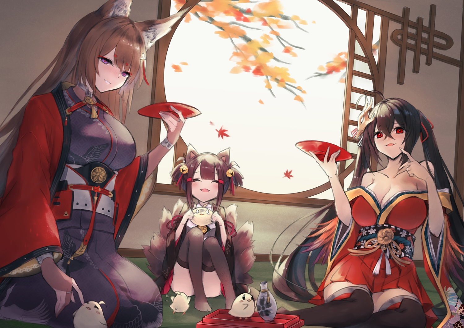 akagi_(azur_lane), amagi_(azur_lane), animal_ears, anthropomorphism, azur_lane, bell, black_hair, blush