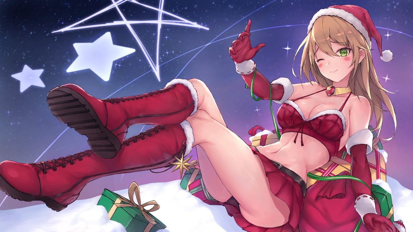 aliasing, blush, boots, breasts, brown_hair, christmas, dark_magician_girl, elbow_gloves
