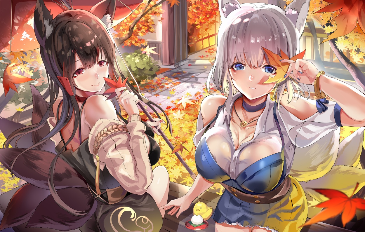 2girls, akagi_(azur_lane), animal, animal_ears, anthropomorphism, autumn, azur_lane, bird