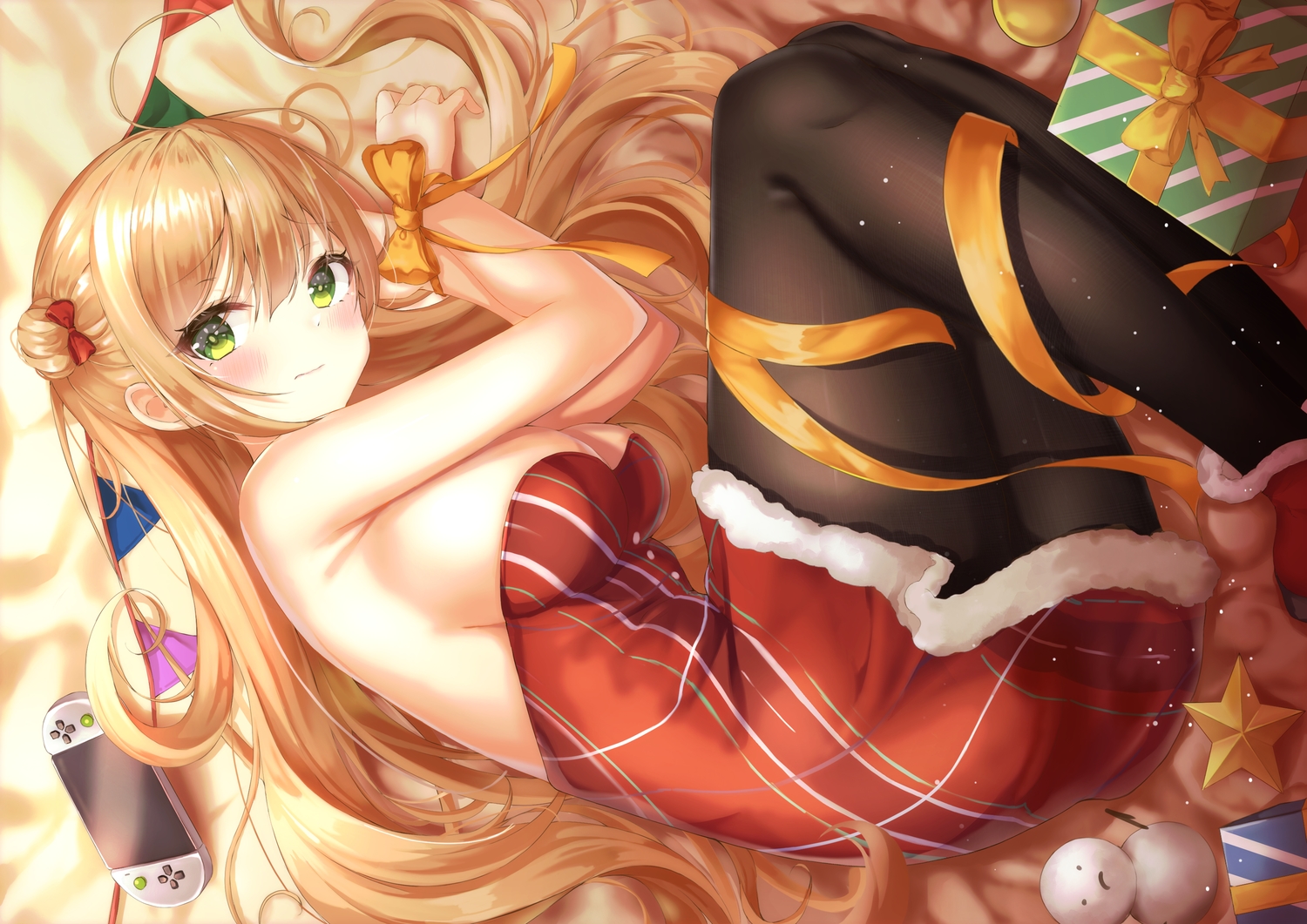 anthropomorphism, bow, breasts, brown_hair, christmas, cleavage, dress, game_console, girls_frontline, green_eyes, long_hair, lotpi, pantyhose, rfb_(girls_frontline), snow, snowman