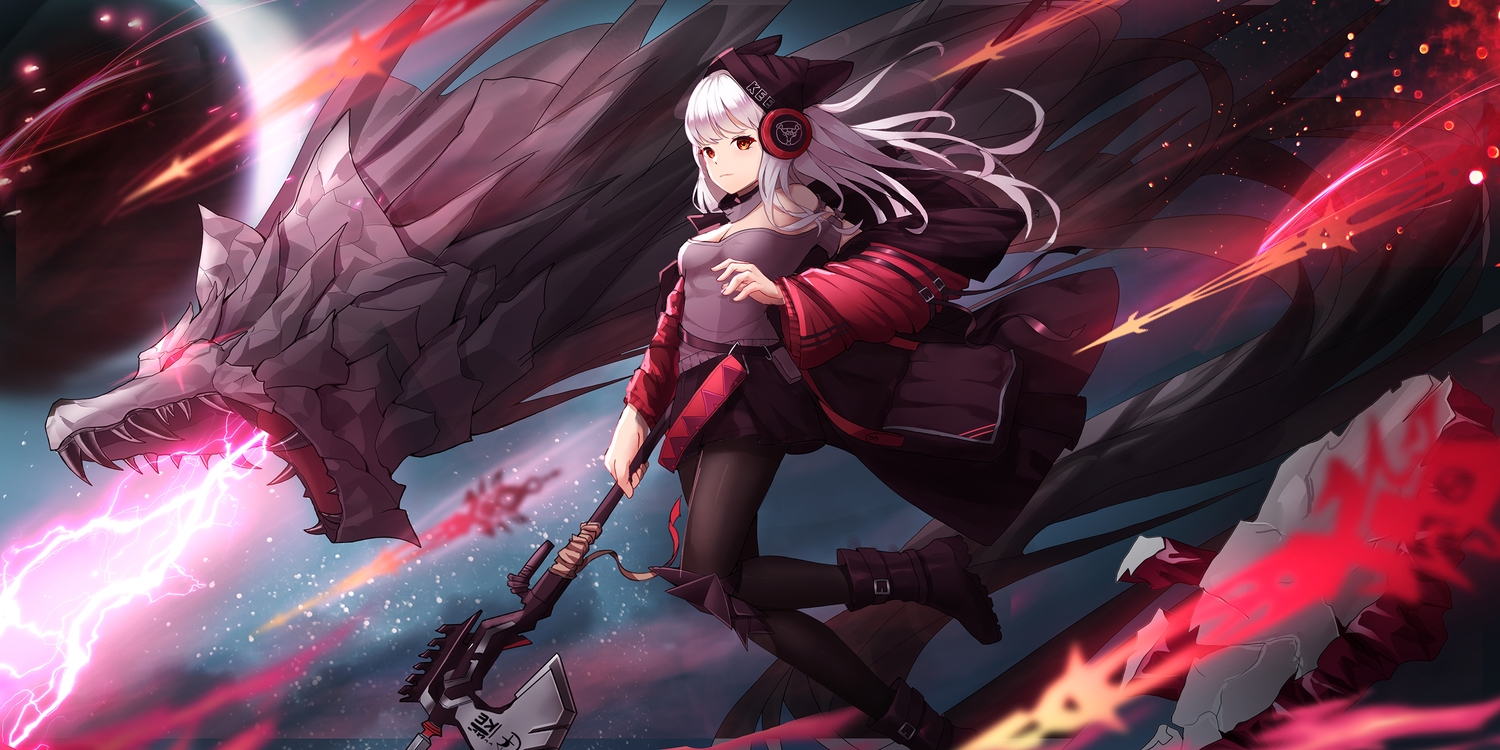 arknights, boots, dragon, hat, headphones, magic, moyude_wangzi_jiang, no_bra