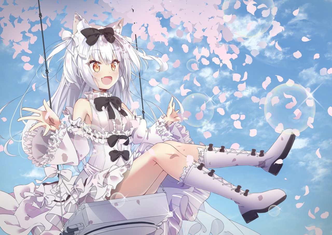 animal_ears, anthropomorphism, azur_lane, blush, boots, brown_eyes, catgirl, dress, fang, loli_ta1582, lolita_fashion, long_hair, petals, white_hair, yukikaze_(azur_lane)