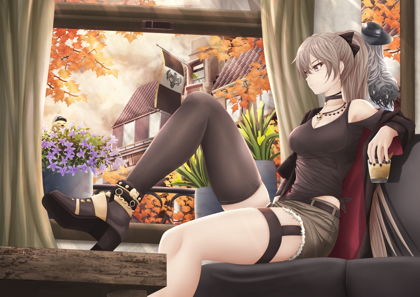 aliasing, anthropomorphism, autumn, azur_lane, boots, brown_hair, building, choker, couch, drink, dunkerque_(azur_lane), flowers, garter_belt, gray_hair, hat, jean_bart_(azur_lane), long_hair, manjuu_(azur_lane), necklace, ponytail, shorts, syn_(synstyle), thighhighs