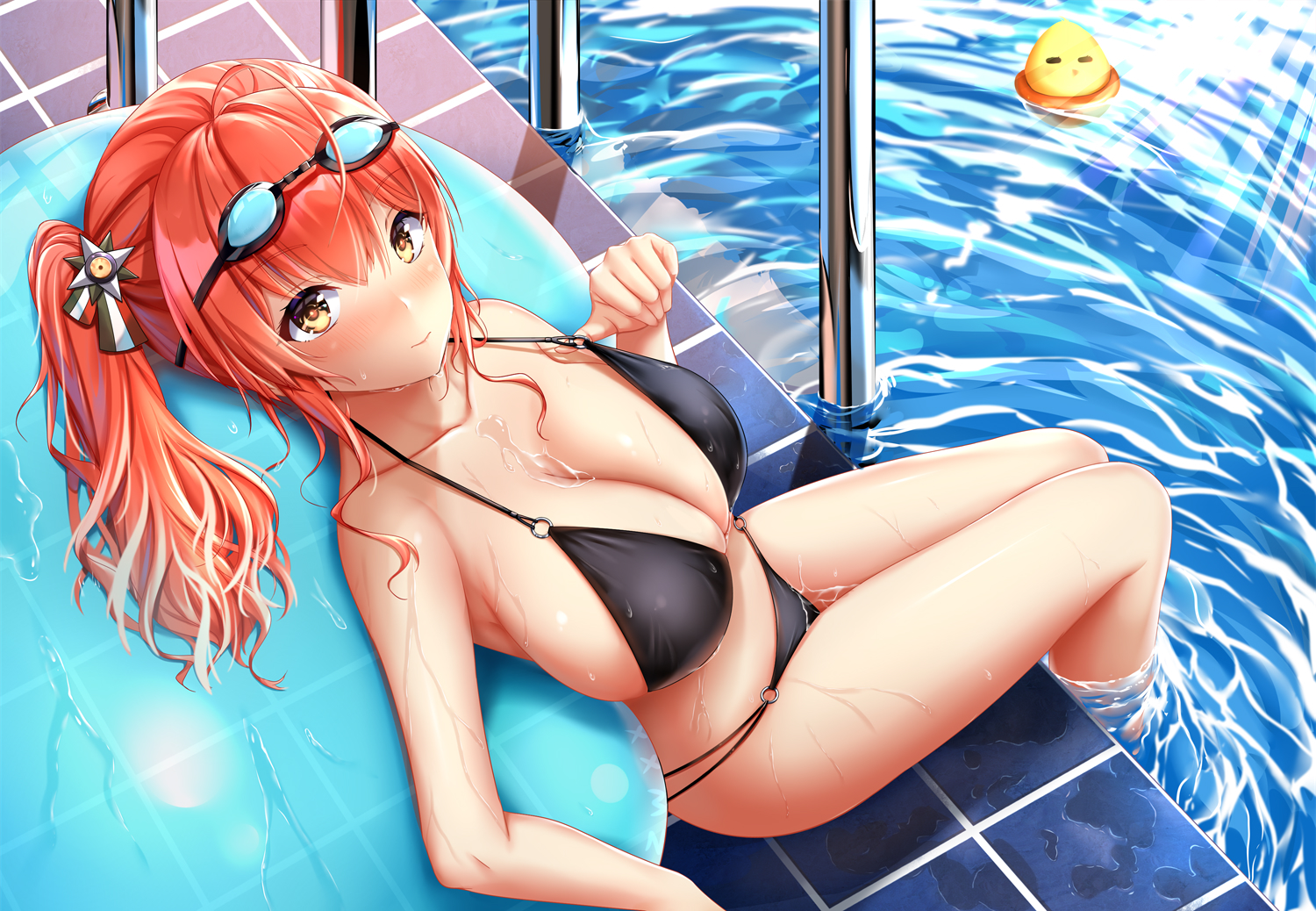 anthropomorphism, azur_lane, bikini, blush, chao_wu_xing_xian, goggles, long_hair, manjuu_(azur_lane), ponytail, red_hair, swimsuit, water, wet, yellow_eyes, zara_(azur_lane)