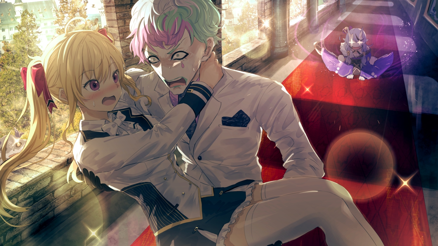 blonde_hair, blush, demon, gloves, green_eyes, horns, japanese_clothes, joe_rikiichi, long_hair, male, misaki_nonaka, nijisanji, pointed_ears, purple_eyes, purple_hair, rindou_mikoto, short_hair, skirt, takamiya_rion, thighhighs, twintails