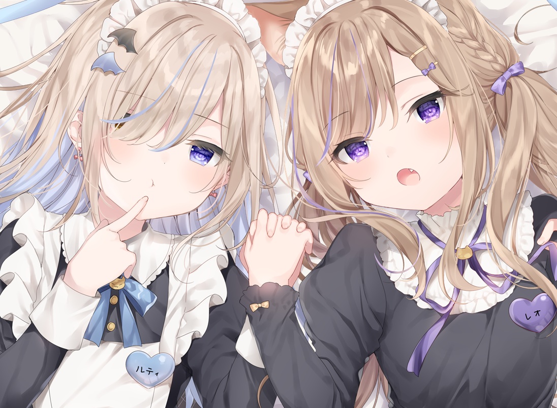 2girls, animal_ears, apron, bicolored_eyes, blonde_hair, blue_eyes, brown_hair, catgirl