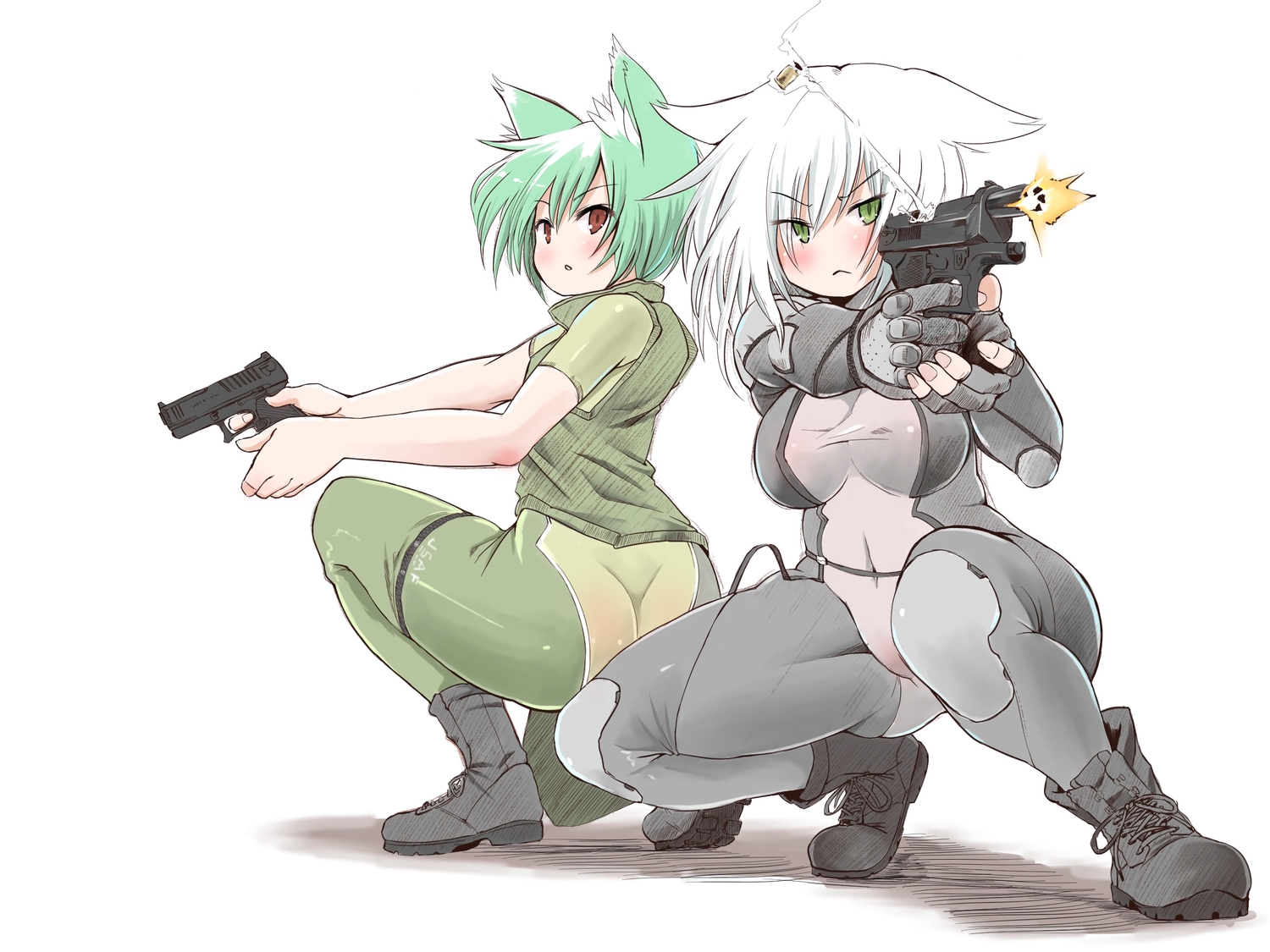 2girls, eliminator_kaede, gun, kuratsuki_kaede, rousokuc, tagme_(character), weapon