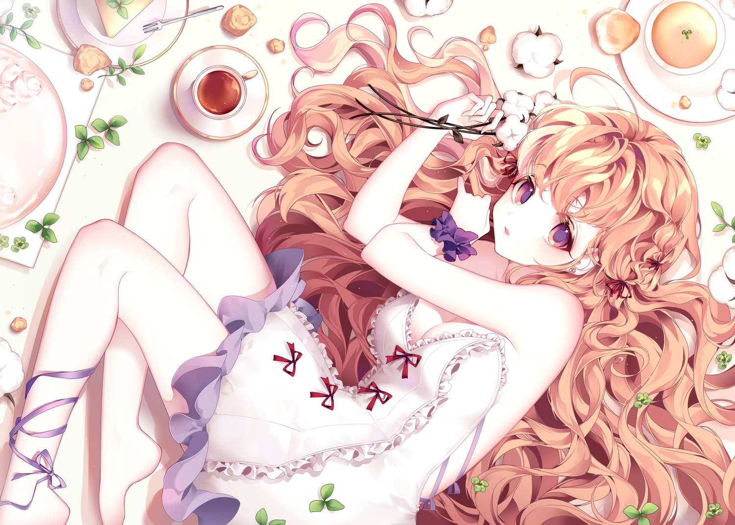 barefoot, breasts, cleavage, drink, harin_0, long_hair, orange_eyes, original