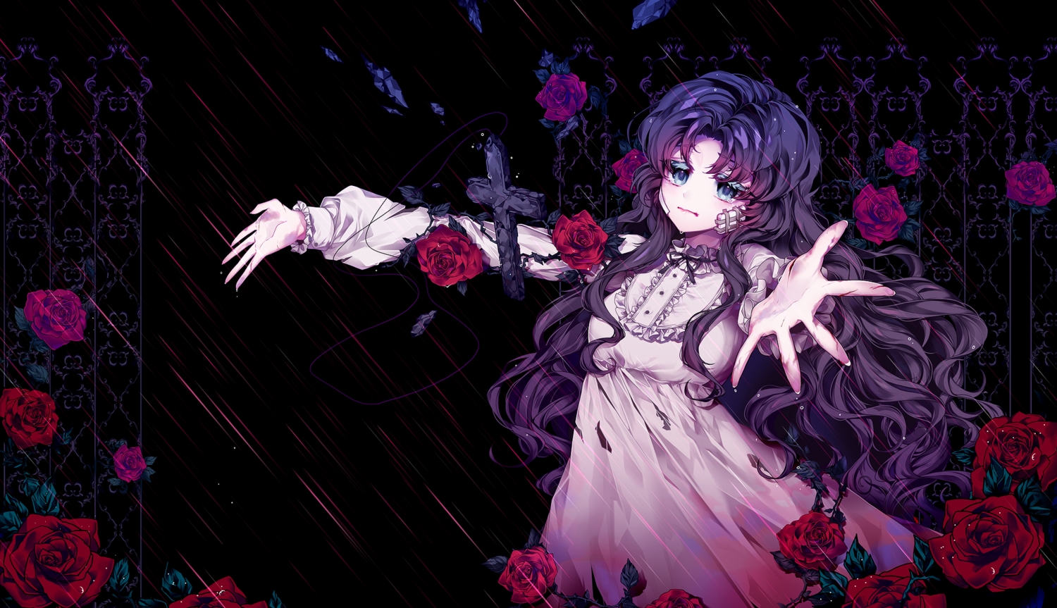 black, cross, flowers, harin_0, lolita_fashion, long_hair, original, purple_hair, rose