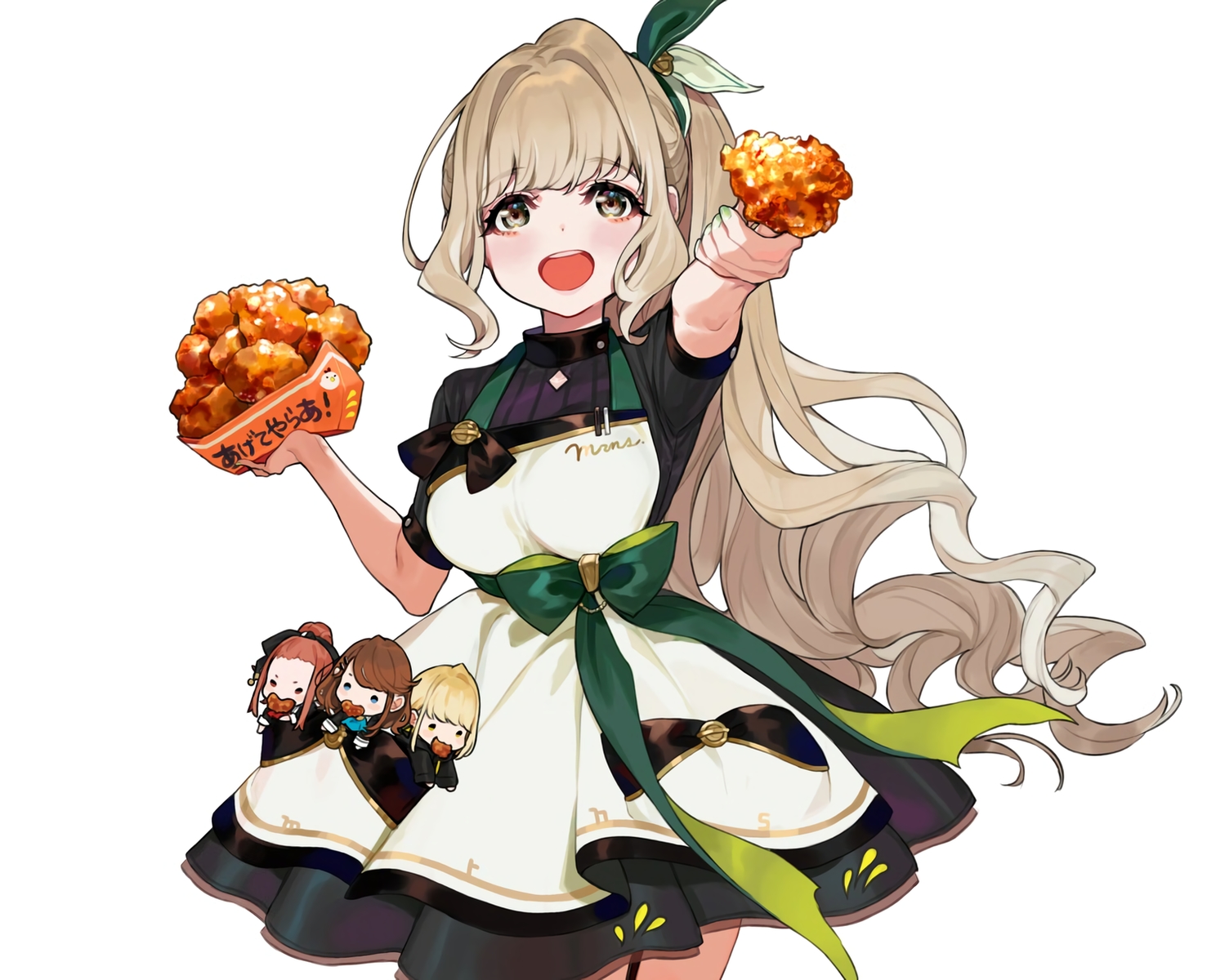 apron, bow, brown_eyes, brown_hair, chibi, cropped, food, kaname_mahiro