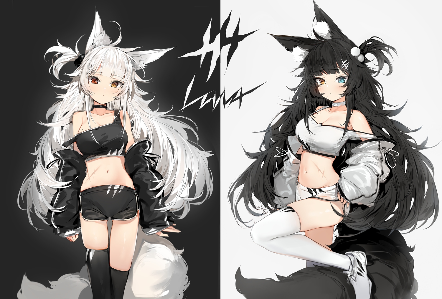 2girls, animal_ears, bicolored_eyes, black_hair, breasts, choker, cleavage, foxgirl, long_hair, original, shorts, silver_(chenwen), tail, thighhighs, white_hair