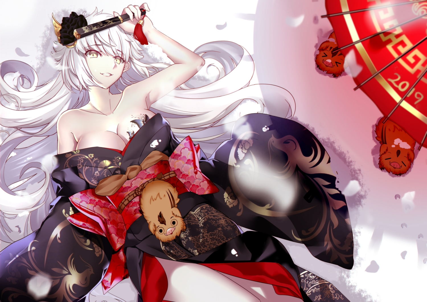 animal, breasts, cleavage, fan, fate/grand_order, fate_(series), japanese_clothes, jeanne_d'arc_alter