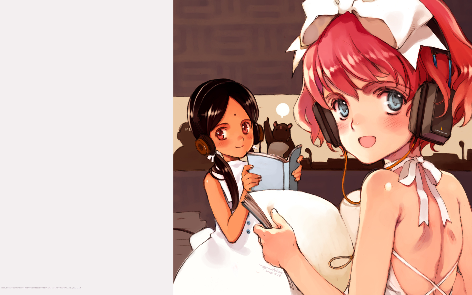 aria_vancleef, black_hair, blue_eyes, book, dress, headphones, kaya_xavier, littlewitch