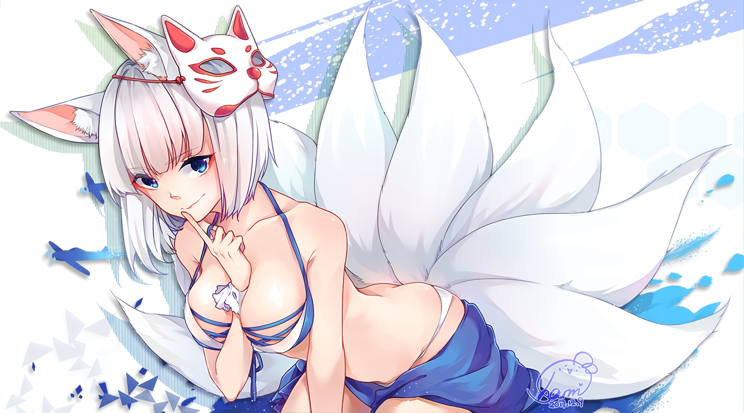 animal_ears, anthropomorphism, ass, azur_lane, bikini, blue_eyes, breast_hold, breasts, cleavage, foxgirl, kaga_(azur_lane), mask, ribbons, sharmi1010, short_hair, swimsuit, tail, waifu2x, watermark, white_hair