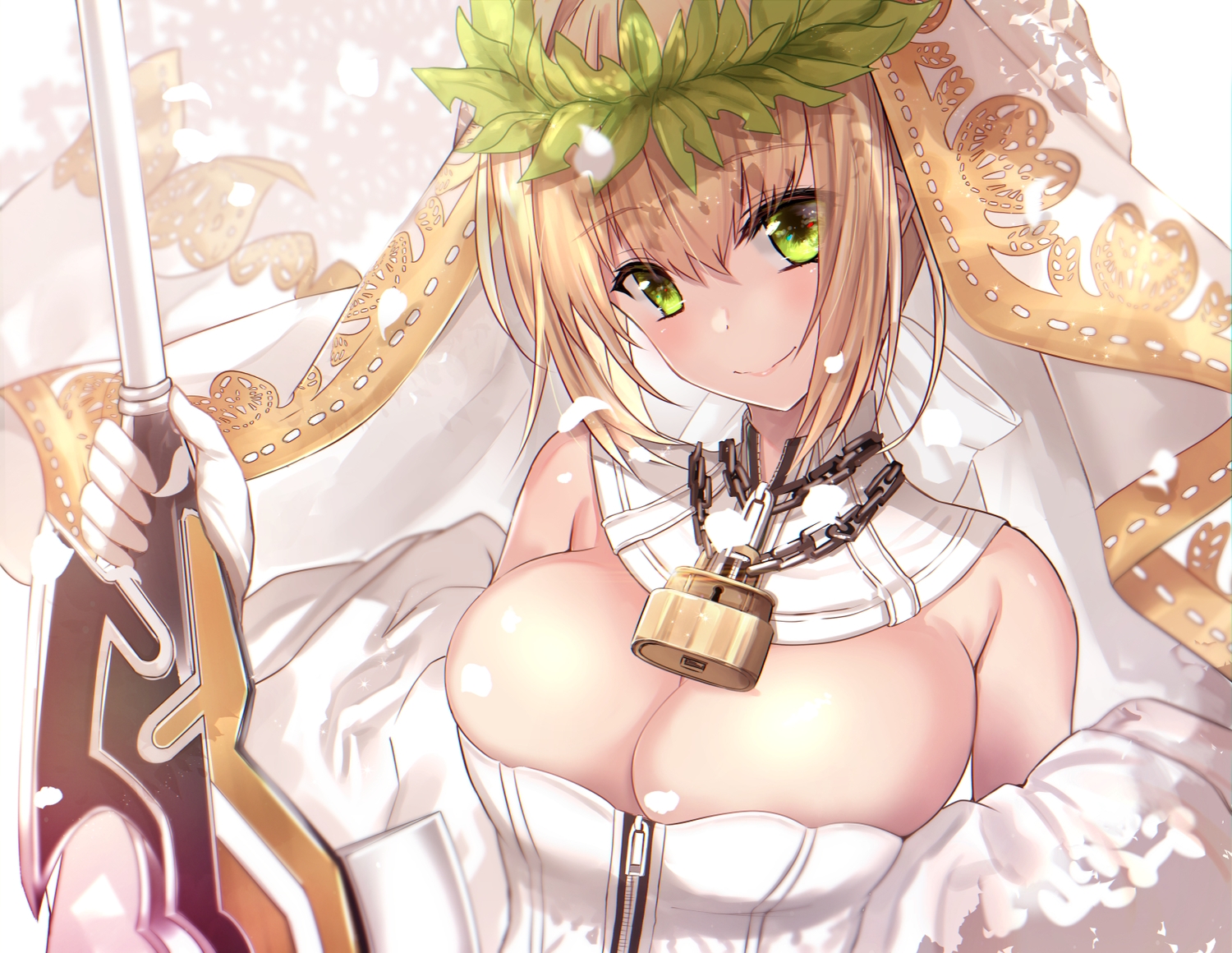 blonde_hair, blush, breasts, chain, cleavage, close, fate/grand_order, fate_(series)