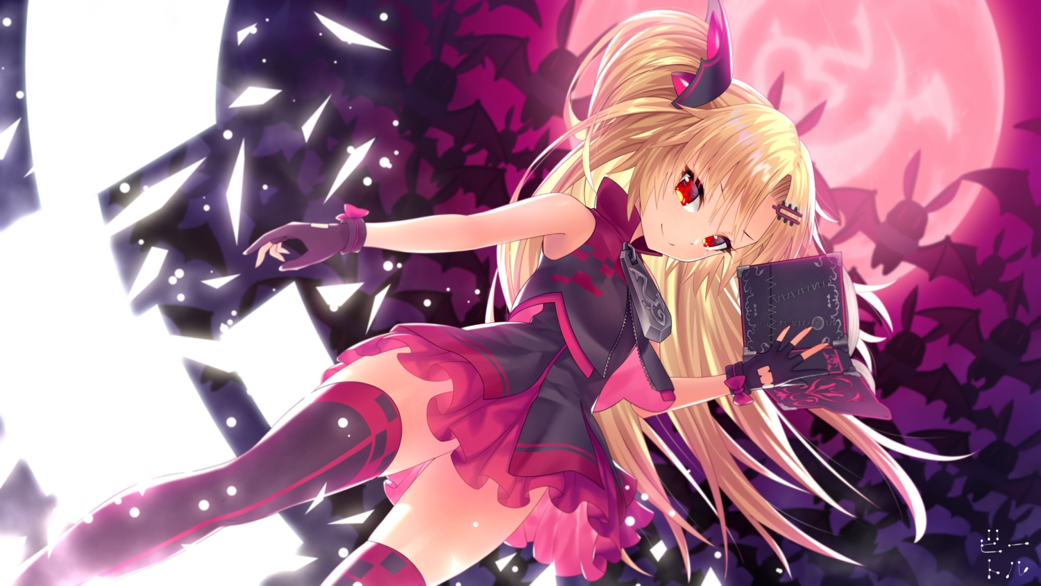 akatsuki_yuni, aliasing, bettle_(b_s_a_n), blonde_hair, book, gloves, long_hair, red_eyes