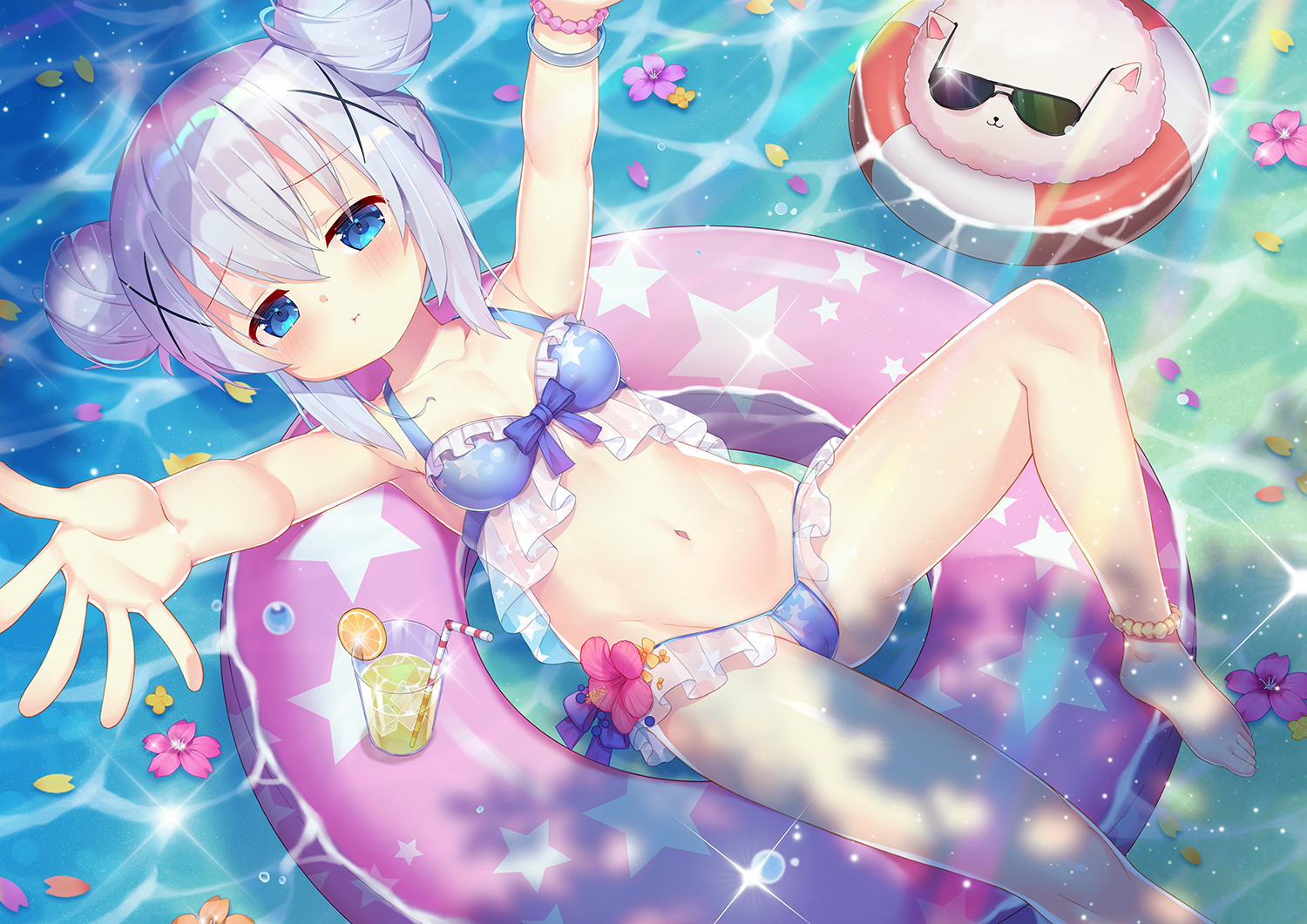 aqua_eyes, barefoot, bikini, blush, cameltoe, drink, flowers, gochuumon_wa_usagi_desu_ka?, gray_hair, kafuu_chino, loli, navel, short_hair, swim_ring, swimsuit, taku_michi, tippy_(gochiusa), twintails, water