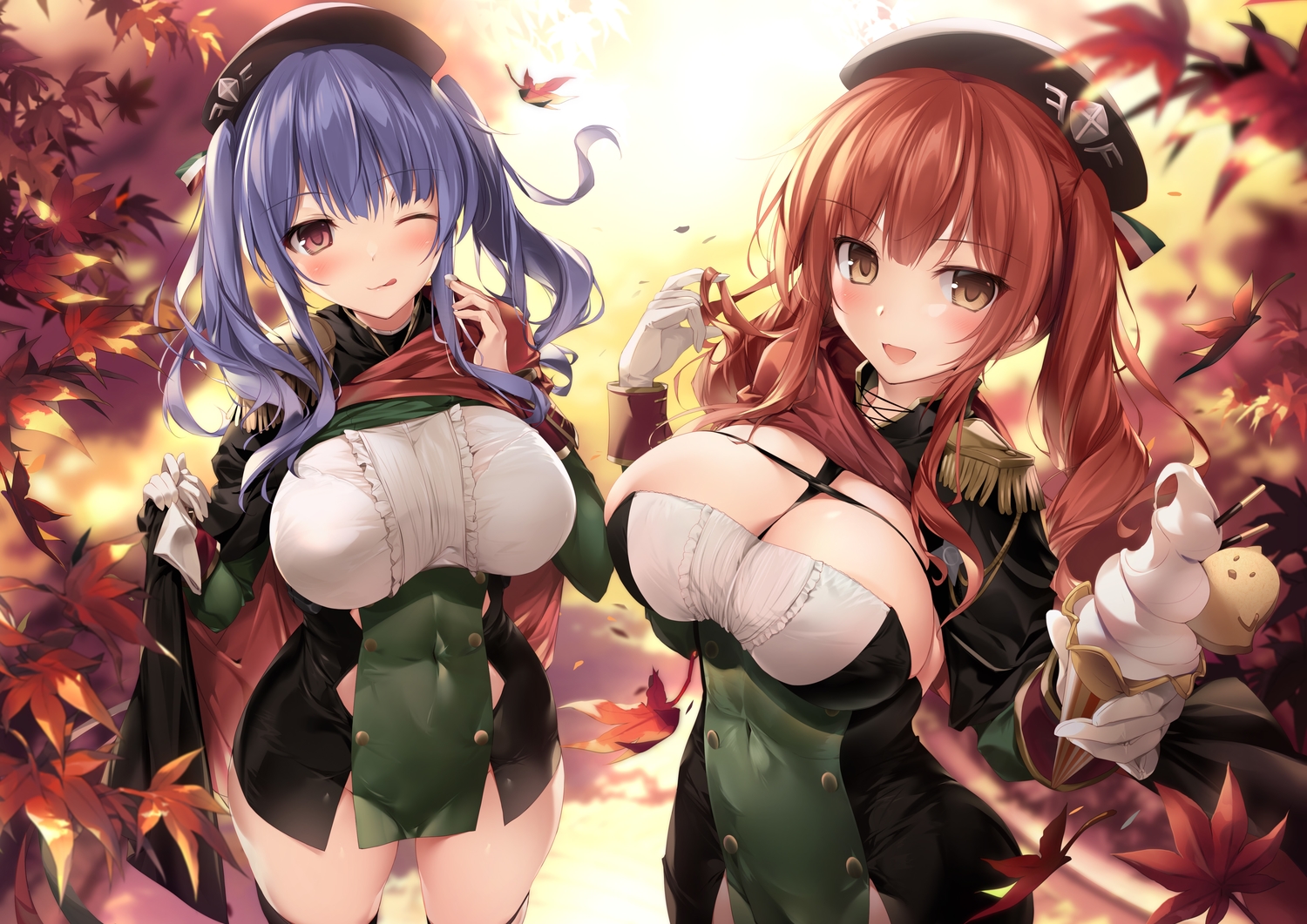 2girls, anthropomorphism, autumn, azur_lane, breasts, cleavage, jpeg_artifacts, karory, pola_(azur_lane), thighhighs, uniform, zara_(azur_lane)