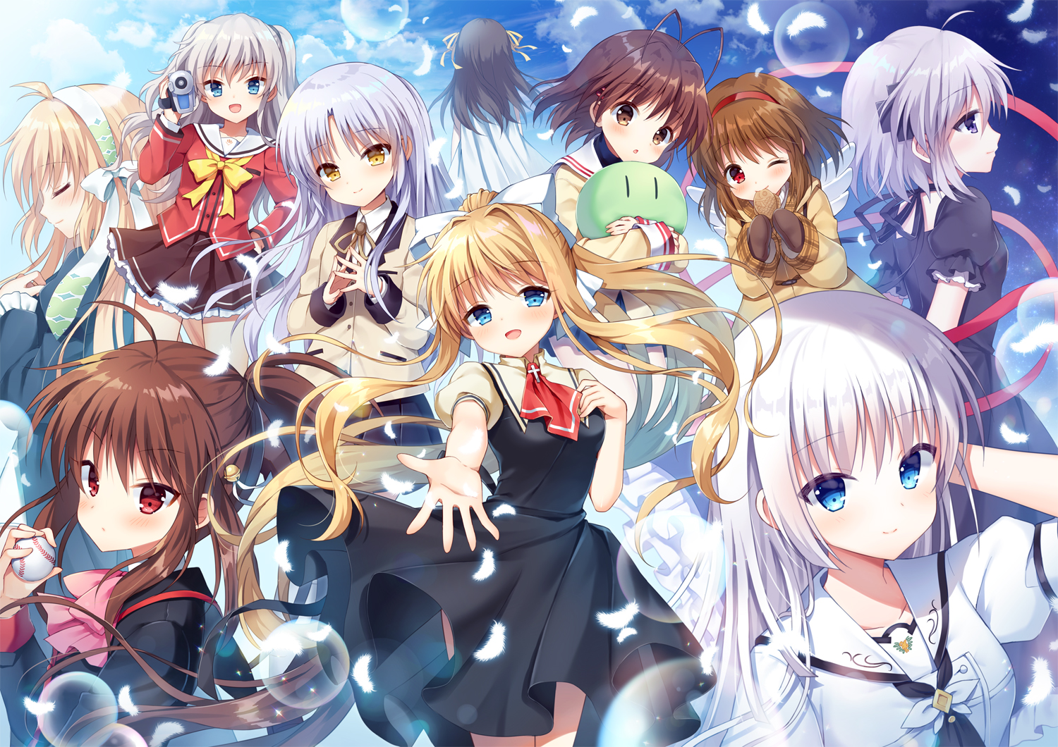 air, angel_beats!, blonde_hair, blue_eyes, blush, bow, brown_eyes, brown_hair