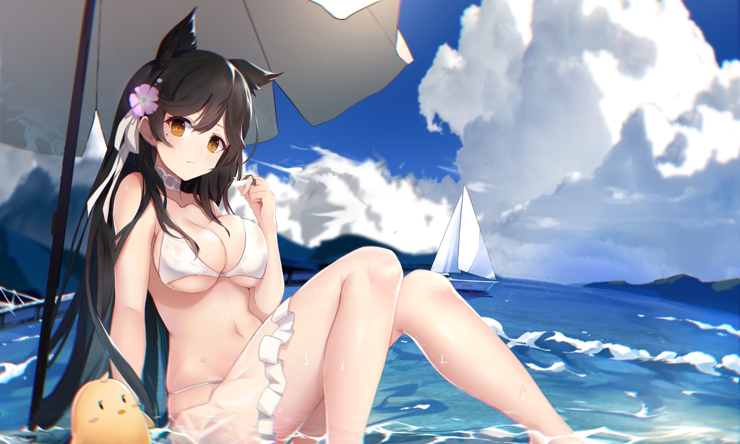 animal_ears, anthropomorphism, atago_(azur_lane), azur_lane, bikini, black_hair, doggirl, long_hair, manjuu_(azur_lane), marcellokito!, swimsuit, water, yellow_eyes